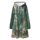  Φόρεμα Σατέν Γυναικείο Χούτι Μίνι Φόρεμα Φόρεμα Σίθ Φόρεμα Υπολογιστών Καθημερινό Boho Εξωτερικό Σπίτι Αθλητισμός Κανονική Εφαρμογή Λουλούδια Γραφικά Μακρύ Μανίκι Κουκούλα Μπλε Πράσινο Άνοιξη