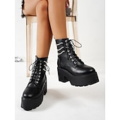abordables Bottes de combat-Bottines de combat noires à plateforme pour femmes – bottines à lacets épaisses avec détail de chaîne pour le streetwear punk, les concerts et les festivals