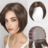 economico parrucca più vecchia-parrucca da donna con mèches biondo castano, corta e liscia, dall'aspetto naturale, capelli sintetici realistici, resistente al calore, riga laterale, elegante, stile alla moda per tutti i giorni