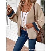 billige Cardigans og yttertøy-Dame Kofte Elegant Ferie Årgang Åpen Forside Stripe Drop Shoulder Langermet Vanlige topper Strikke Skole Hjem Fest Svart Kakifarget Høst Vinter