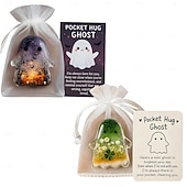 levne Halloweenové závěsné a stolní dekorace-Halloween kapesní objetí duch s povzbudivou kartičkou roztomilý mini přívěsek inspirativní dárek pro přátele ručně vyřezávaná drahokamová socha ducha pro dekoraci domácího stolu
