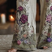 رخيصةأون ساق واسعة وخصر عالي-نسائي ساق عريضه سراويل سروال بالازو موضة بوهو مكتمل الطول خصر عالي زهور مرونة الخصر رباط طباعة التنفس إمكانية مريح شارع مناسب للبس اليومي مناسب للخارج أخضر داكن الربيع الخريف عادي