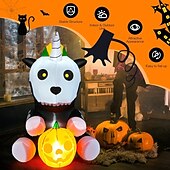 olcso Halloween szabadtéren-1 db 1,5 m-es halloweeni felfújható légmodell ülő csontváz unikornis led világító felfújható fólia udvari dekorációs dísz