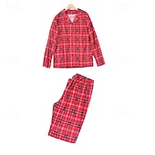 baratos Conjuntos iguais para a família-Olhar de família Pijamas Xadrez Casa Imprimir Vermelho Manga Longa Ativo Roupas Combinando