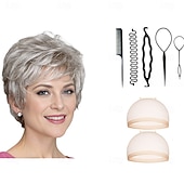 baratos peruca mais velha-Peruca clássica curta com volume invejável e camadas texturizadas  Tons multiculturais de loiro com 2PCS touca de peruca HD e conjunto de ferramentas de cabeleireiro