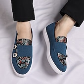 Herre denim loafers med dobbel munk stropp og etnisk trykk – moteriktige, uformelle slip-on-sko for urban stil, fester og vårantrekk billige Uttalelsessko-Herre denim loafers med dobbel munk stropp og etnisk trykk – moteriktige, uformelle slip-on-sko for urban stil, fester og vårantrekk