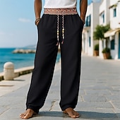 baratos Feriado-Homens Calças de linho Calças Calça verão Calças largas Calça Boho Com Cordão Patchwork Cintura elástica Tecido Conforto Respirável Comprimento total Ao ar livre Casual Diário Moda Estilo Clássico