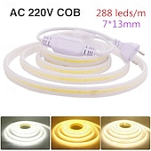 זול חוט נורות לד-רצועת לד COB 220V 1 מטר, 2 מטר, 5 מטר, 288 נוריות/מטר, מנורה גמישה עמידה למים, 3000k, 4000k, 6000k, איכות גבוהה, עיצוב פנים וחיצוני