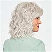 baratos peruca mais velha-Peruca feminina bob ondulada cinza prateada, cabelo sintético realista de aparência natural, resistente ao calor, comprimento dos ombros, franja lateral, elegante, uso diário, estilo fashion