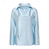 Χαμηλού Κόστους Επίσημες Μπλούζες-Γυναικεία Κομψή Φιλάρεσκος Σατέν Μπλούζα Ντυτές μπλούζες Σκέτο Καθημερινά Στυλάτο Βασικό Μακρυμάνικο Κολάρο Πουκαμίσου Κανονικά μπλουζάκια Καθημερινά Δουλειά Αργίες Θαλασσί Μαύρο Χακί Άνοιξη Φθινόπωρο