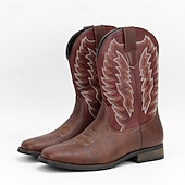billiga Cowboy &amp; Western Boots-herr western cowboystövlar med fyrkantig tå slip-on halvhög vad ridstövlar avslappnade lantliga skor för dagligt bruk