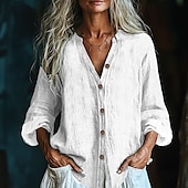 ieftine Topuri simple pentru femei-Pentru femei Cămașă Cămăși Bumbac In Bluză texturată Bluză Simplu Modern Casual Manșon Lung În V Topuri obișnuite Zilnic Concediu Ieșire Nasturi Negru Alb Roz Îmbujorat Roșu Vin Verde Militar Toamnă