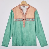 cheap Ethnic Style-Men&#039;s Geometric Ethnic Henley Shirt Tee Long Sleeve Ethnic Casual Summer Spring Fall Lake blue Dark Gray Black Green Light Blue Henley Henley T-Shirt