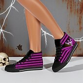 baratos Para mulheres-Tênis feminino de cano alto de lona listrada roxa com estampa de caveira – calçados góticos de Halloween para uso casual e festas à fantasia
