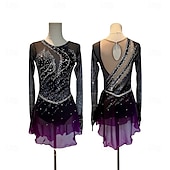 Figure Skating Dress Women's Girls' Ice Skating Dress Dark Purple Patchwork Asymmetric Hem Mesh Spandex High Elasticity Training Competition Skating Wear Classic Crystal / Rhinestone Long Sleeve Ice3