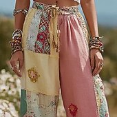 economico gamba larga e vita alta-Per donna Gamba larga Pantaloni Pantaloni Palazzo Moda Boho Lunghezza intera Vita Alta Blocco di colori Fiore Coulisse Elastico in vita Stampato Traspirabilità Confortevole Streetwear Abbigliamento