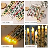 preiswerte Weihnachtsbeleuchtung-Flammenlose Stabkerzen mit weihnachtlichem Farbmuster, batteriebetrieben mit Fernbedienung und Timer, flackernde LED-Stabkerzen mit 3D-Docht, Weihnachtsmann, Schneemann, Weihnachtsbaum-Aufkleber,