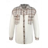 voordelige heren overhemd jas-Voor heren Fleeceshirt shacket Overhemdjasje Winterjack Ruitjes Vakantie Alledaagse kleding Beige Lange mouw Revers Herfst Winter Kleding Zak
