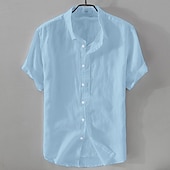 cheap Business Casual-Men&#039;s Shirt Linen Shirt Casual Shirt Cotton Shirt Plain Vacation Street Black White Pink Blue Short Sleeve Turndown Summer Clothing Apparel Button-Down