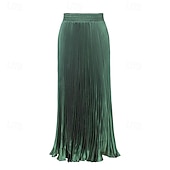 abordables Jupes Maxi-Femmes Jupe Trapèze Mode Occasionnel Maxi Taille haute Jupes Uni Plissé Micro-Élastique Décontracté Quotidien Week-end Bleu de paon Violet Bleu Vert foncé Été Polyester