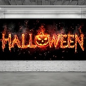abordables Housse de porte de garage-Couverture de porte de garage d'Halloween, bannière de lanterne de citrouille maléfique, tapisserie de fond de visage de lanterne de Jack O'Lantern lumineuse pour décoration murale ou de clôture
