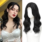 economico Parrucche trendy sintetiche-Parrucche castane con mèches per donna, lunghezza media, riga centrale da 18 pollici, corte, ricce e ondulate, parrucche da donna in capelli sintetici naturali per uso quotidiano per feste/Halloween