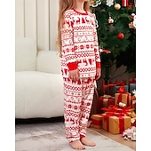 お買い得  親子お揃い服-ファミリールック パジャマ クリスマス柄 家 プリント ルビーレッド 長袖 活発的 マッチング衣装