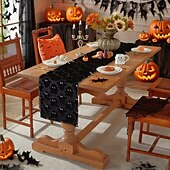 levne Běhouny na stůl-Halloweenský běhoun na stůl, vlaječka na stůl s 3D výšivkou duchů - dekorace z umělé kožešiny s černým okem a malým ďáblem, černobílý sváteční ubrus na dekoraci na párty a stolování