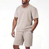 voordelige T-shirt sets voor heren-Voor heren Wafel Shirt T-shirt past 2 stuks outfits T-shirt en korte broek Korte mouw Strakke ronde hals Zomer Effen Modieus Casual Jacquard 2-stuks Vakantie Alledaagse kleding Uitgaan Zwart Wit Khaki
