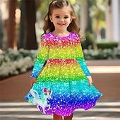 billiga 3D Shining Vision Klänning-Flickor 3D Regnbåge Enhörnings Klänning Långärmad Sommar Vår Semester Dagligen Helgdag Prinsessa Skön Ljuv Barn 4-12 år Vardagsklänning A linjeklänning Knälång Normal