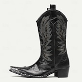 billiga Premium läderstövlar-Svarta westerncowboystövlar för män med broderade löv – höga stövlar i premiumkohud för countrymusikevenemang, rodeos och vintagefester