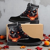 baratos Sapatos para Homens-Botas de combate masculinas com estampa de caveira flamejante – botas de cano curto estilo gótico de Halloween para festas, cosplay e uso ao ar livre