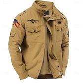 economico giacche e cappotti grafici da uomo-Giacca militare da uomo in cotone ricamato, antivento, con spalline, manica lunga, collo alto, multitasche, giacca da camionista, stampa bandiera americana, capospalla tattico
