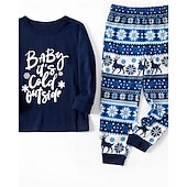 abordables Correspondência Familiar Diária-Family Pajamas Letter Christmas Pattern Home Print Dark Blue Long Sleeve Active Matching Outfits