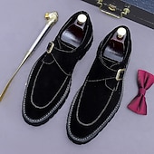 abordables Chaussures de Costume Classiques-Chaussures à boucle en cuir suédé marron pour homme - Chaussures classiques en cuir de vachette véritable de première couche pour le bureau et les occasions formelles