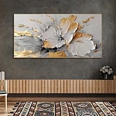 Pintura a óleo de flores douradas sobre tela, arte de parede feita à mão, pintura floral branca abstrata, decoração de sala de estar, decoração de casa, pintura enrolada, sem moldura, sem esticar baratos Pinturas a Óleo-Pintura a óleo de flores douradas sobre tela, arte de parede feita à mão, pintura floral branca abstrata, decoração de sala de estar, decoração de casa, pintura enrolada, sem moldura, sem esticar