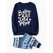 abordables Correspondência Familiar Diária-Family Pajamas Letter Christmas Pattern Home Print Dark Blue Long Sleeve Active Matching Outfits