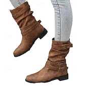 baratos Calçado-Botas de couro sintético de cano médio para mulheres, botas Martin de salto fino com salto fino