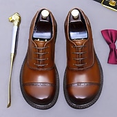 tanie Klasyczne Buty Eleganckie-Męskie skórzane półbuty wizytowe typu oxford z noskiem typu cap toe – pierwsza warstwa skóry bydlęcej, formalne, sznurowane, klasyczne buty biznesowe do biura, na wesela i do profesjonalnego stroju