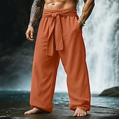 baratos Retrô-Homens Calças de linho Calças Calça verão Com Cordão Cintura elástica Perna larga Tecido Conforto Respirável Comprimento total Casual Diário Feriado Férias Moda Abóbora Branco Sem Elasticidade