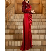 economico ROSSO-abito da sera a sirena/tromba in velluto elasticizzato con paillettes, elegante, lungo fino al pavimento, manica lunga, scollo rotondo, raso elasticizzato con pieghe 2025