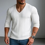 お買い得  リブニットTシャツ-男性用 メンズVネックリブニットTシャツ リブニットTシャツ ティートップ 長袖 Ｖネック 夏 春 秋 平織り ジャカード 近代の カジュアル 快適 ボタン ベーシック 家 ストリート カジュアル ホワイト ブルー ネイビーブルー メンズトップTシャツ