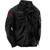 economico giacche e cappotti grafici da uomo-Giacca militare da uomo in cotone ricamato, antivento, con spalline, manica lunga, collo alto, multitasche, giacca da camionista, stampa bandiera americana, capospalla tattico