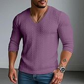 お買い得  リブニットTシャツ-男性用 メンズVネックリブニットTシャツ リブニットTシャツ ティートップ 長袖 Ｖネック 夏 春 秋 平織り ジャカード 近代の カジュアル 快適 ボタン ベーシック 家 ストリート カジュアル ホワイト ブルー ネイビーブルー メンズトップTシャツ