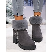 abordables Bottes de neige et d&#039;hiver-Bottines en daim gris pour femme, doublées de fourrure, chaudes, à talon épais et semelle crantée, avec fermeture éclair latérale pour l&#039;hiver