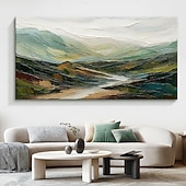 baratos Pinturas de Paisagens-Pintura a óleo original de montanha sobre tela 3D, arte verde, pintura minimalista de paisagem, textura abstrata, arte de parede verde, decoração de parede grande