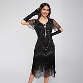 abordables Vestidos de los años 20-Rugido 20s 1920s Hasta la Rodilla Vestido Flapper Mangas cortas El gran Gatsby Chica de la aleta Lentejuelas Franja Funda Columna Escote en Pico Disfraz Mujer Navidad Carnaval Fiesta de Noche Boda