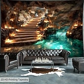 preiswerte Wandteppiche-Extra großer Wandteppich zum Thema Höhlenerkundung mit HD-Untergrund-Stalaktitendecke und türkisfarbener Flusslandschaft als Wandkunst, knitterfreies Polyester-Hängedekor für Wohnzimmer, Schlafzimmer,