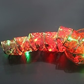 お買い得  木のアクセサリー-クリスマスリボンフェアリーライト 16/33フィート 100個のLEDストリングライト 電池式 2インチゴールドホイルリボン 温白色のきらめきホタルライト付き 室内用 星空 ホリデーデコレーション クリスマスツリー用