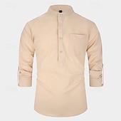 economico Camicie Popover da Uomo-Per uomo Camicia Camicia con colletto alla coreana Camicia popover Camicia casual Nero Bianco Giallo Rosso Blu marino Manica Lunga Semplice Henley Quotidiano Uscire Tasca Frontale Abbigliamento
